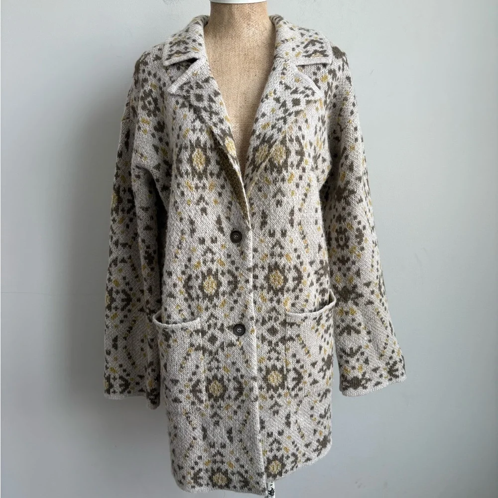 Free People Alpaca Wool Blend Nordic Knit Sweater Coat Cardigan Size L